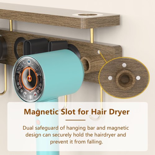 Affogato Hair Dryer Wall Mount Holder Compatible with Dyson Supersonic, HD16 Blow Dryer Accessories and Attachments Organizer Storage Rack for Bathroom Bedroom, Wood