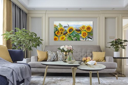 Ardemy Sunflower Wall Art Canvas Flowers Yellow Picture Rustic Floral Field Landscape Painting, Countryside Large Framed Artwork for Living Room Bedroom Bathroom Dinnng Room Office Home Decor 48"x24"