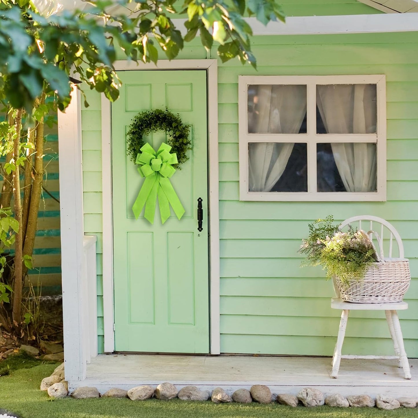 Skiennix Light Green Burlap Wreath Bow - 20 x 11 Inches Easter Decor | Farmhouse Style Front Door Accent