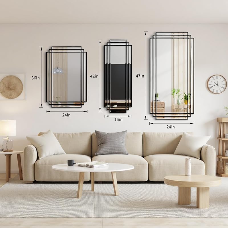 36x24 Black Wood Framed Beveled Mirror - Geometric Wall Mirror, 36"L x 24"W - Variation: Black+36"L x 24"W