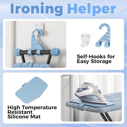 KINGBOARD Compact Ironing Board - Heat Resistant Cover, 7 Height Adjustable, Foldable | 13x43 Blue