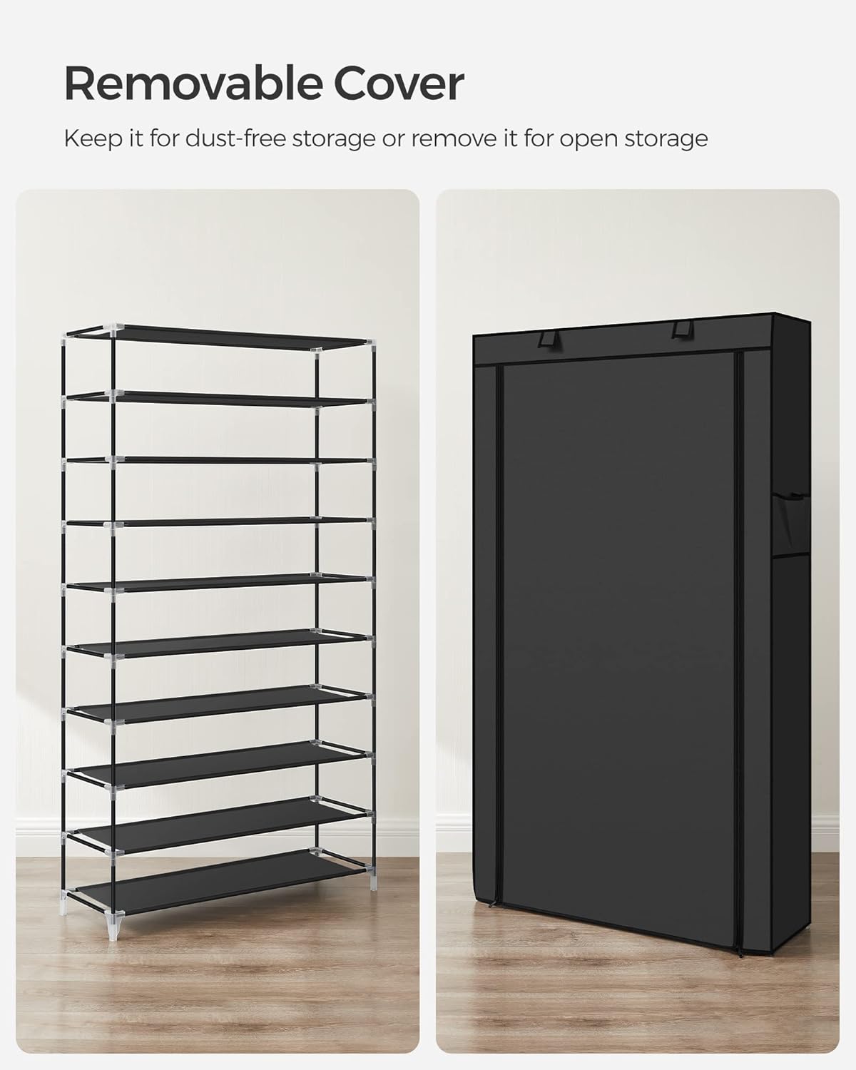SONGMICS 10-Tier Shoe Rack - Dustproof Shoe Storage Cabinet for 40-50 Pairs | Free-Standing Organizer in Black