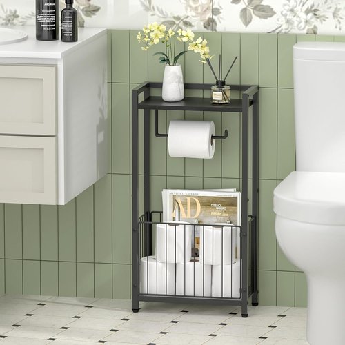 Freestanding Toilet Paper Holder - Stylish Bathroom Tissue Stand with Storage Shelf for Phone & Magazines