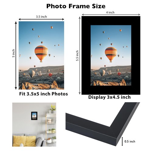 JCJMY 3.5x5 Picture Frame Black for Wall or Tabletop, 3.5 x 5 Wall Gallery Poster Photo Frame with Shatter Resistant Plexiglass, Black