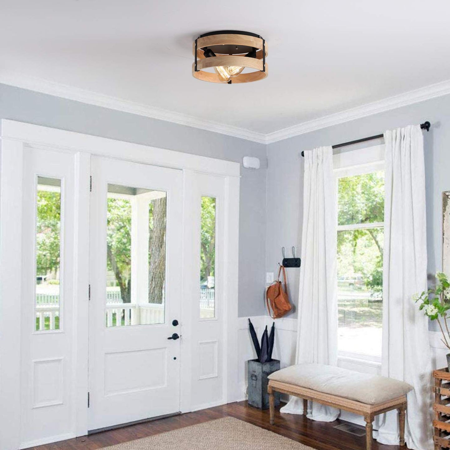 Modern Farmhouse Flush Mount Light Fixture Two-Light Metal and Wood Round Drum Rustic Flush Mount Ceiling Light for Hallway Bedroom Kitchen Entryway, Light Yellow Wood and Black