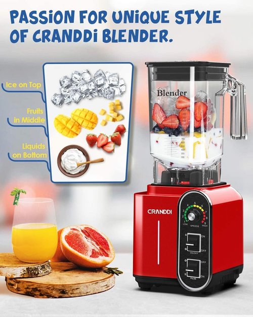 CRANDDI Smoothie Blender - 52oz 1800 Watt Professional Blender with Stainless Steel Blade & Self-Cleaning | K98C Red
