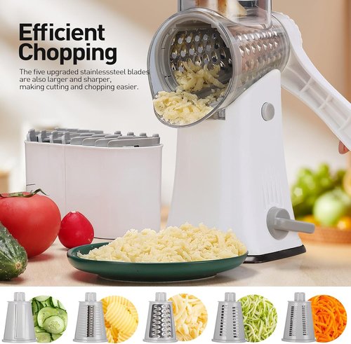 APSARAS USA Rotary Cheese Grater - 5-in-1 Hand Crank Shredder with Replaceable Blades & Suction Base