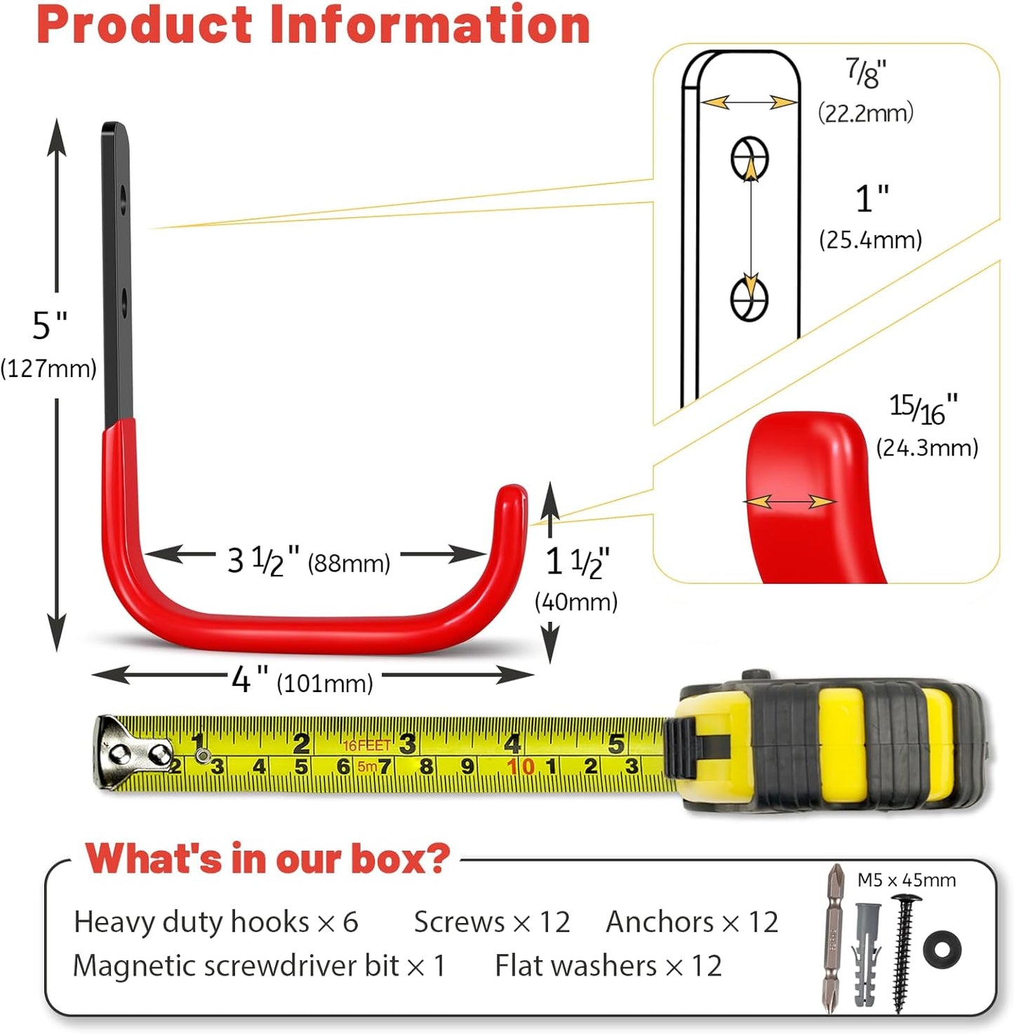 Skiennix 4-Inch Heavy Duty Garage Hooks - 6 Pack Wall Mount Tool Organizers | Steel Utility Ladder Hangers (55lbs Capacity)