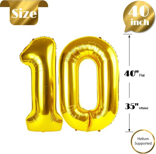 Gold Number 10 Balloon - 40 Inch Giant Foil Balloon for 10th Birthday Party Decorations