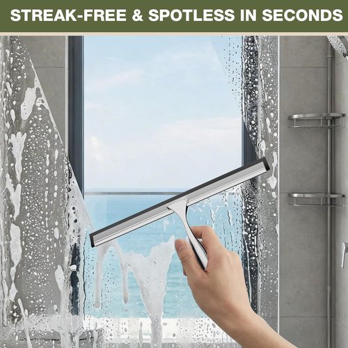 FARMER Shower Squeegee for Glass Doors, 10-Inch Glass Squeegee for Windows, Car Glass and Mirrors, Multi-Purpose Stainless Steel Squeegee with Suction Wall Hook and Over Door Hook, Silver