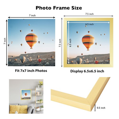 JCJMY 7x7 Picture Frame Gold for Wall Hanging or Tabletop, Wall Mounting Horizontally or Vertically, 7 x 7 Square Wall Gallery Poster Photo Frame with Shatter Resistant Plexiglass, Gold
