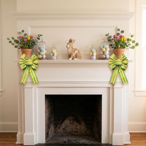 Hying Easter Wreath Bows - 2-Piece Yellow Green Stripes Burlap Decor for Front Door Celebrations