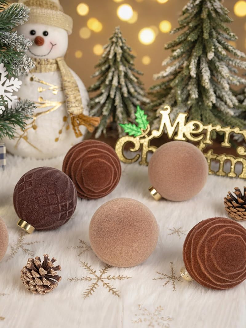 Brown Velvet Christmas Ornaments 3.15in - 12 Pcs Shatterproof, Neutral Round Balls (Variation: Brown+3.15inch)