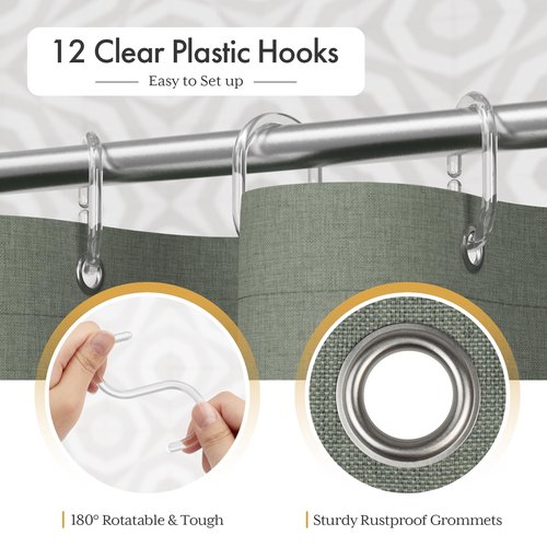 AmazerBath Farmhouse Shower Curtain, Sage Green Linen Shower Curtain with 3 Side Green Tassel, Boho Shower Curtain Set with 12 Upgraded Hooks for Neutral Country Bathroom, 72x72 Inches