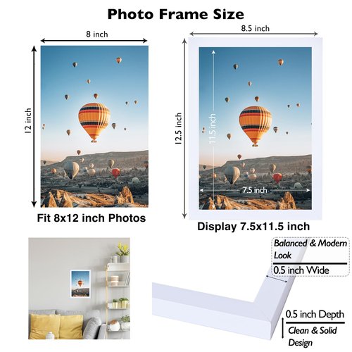 JCJMY 8x12 Picture Frame White for Wall Hanging or Tabletop, Wall Mounting Horizontally or Vertically, 8 x 12 Wall Gallery Poster Photo Frame with Shatter Resistant Plexiglass, White