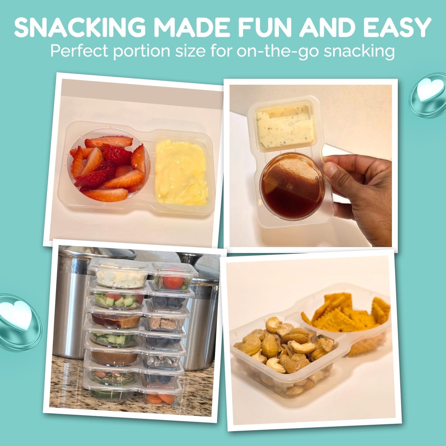 Skiennix Reusable Snack Containers - 20 Pack with Lids for Portion Control | Double Compartment for Kids' Meals