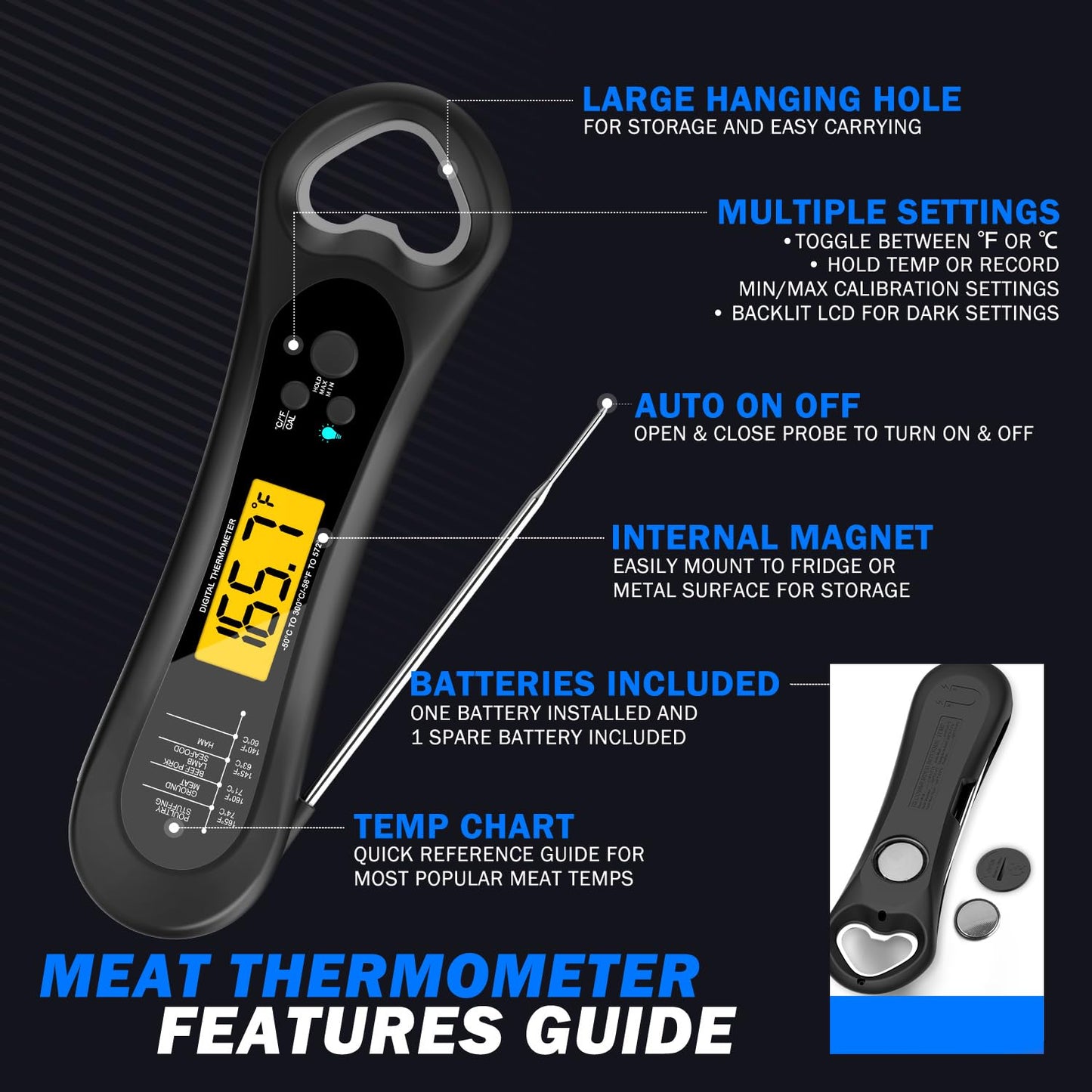 Skiennix Digital Meat Thermometer - Instant Read Kitchen Gadget with Backlight & Bottle Opener | Perfect for BBQ, Turkey, Candy, and Liquids