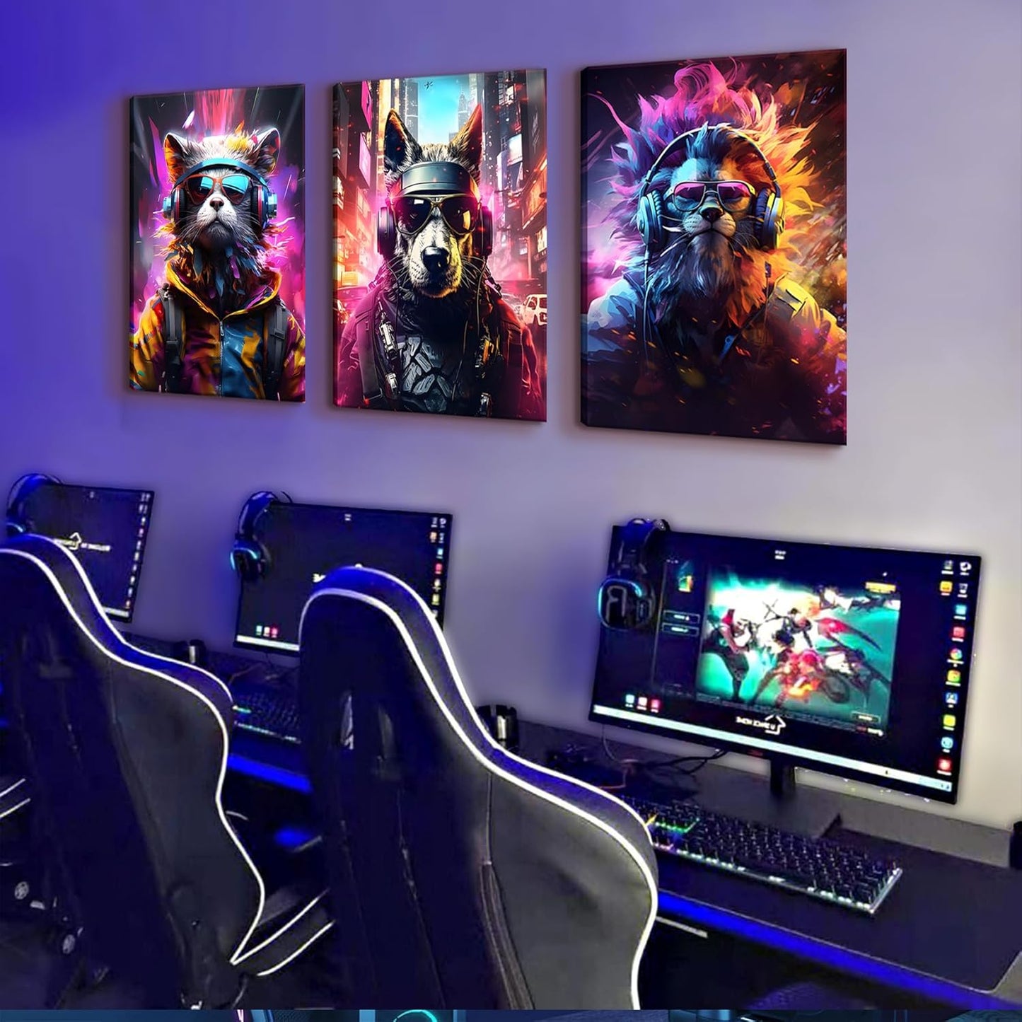 QGNBGBJ Framed Gaming Posters - Colorful Graffiti Animal Wall Art for Gamers | 12x16in Canvas Prints