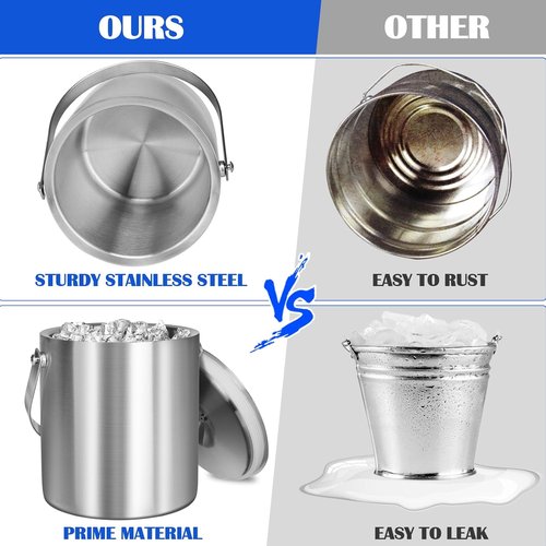 Ice Bucket with Lid & Tong- Well Made Insulated Stainless Steel Keep Ice Frozen Longer - Ideal for Cocktail Bar, Parties, Chilling Wine, Champagne - 2 Liter (Stainless Steel)
