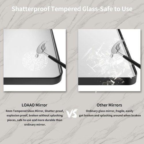 LOAAO Black Metal Framed Bathroom Mirror - 48x36 Inch Large Rounded Rectangle | Anti-Rust Tempered Glass, Versatile Hanging Options