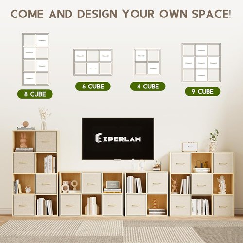 EXPERLAM 8 Cube Storage Organizer - Solid Wood Bookshelf with 4 Bins | Versatile Vertical/Horizontal Design