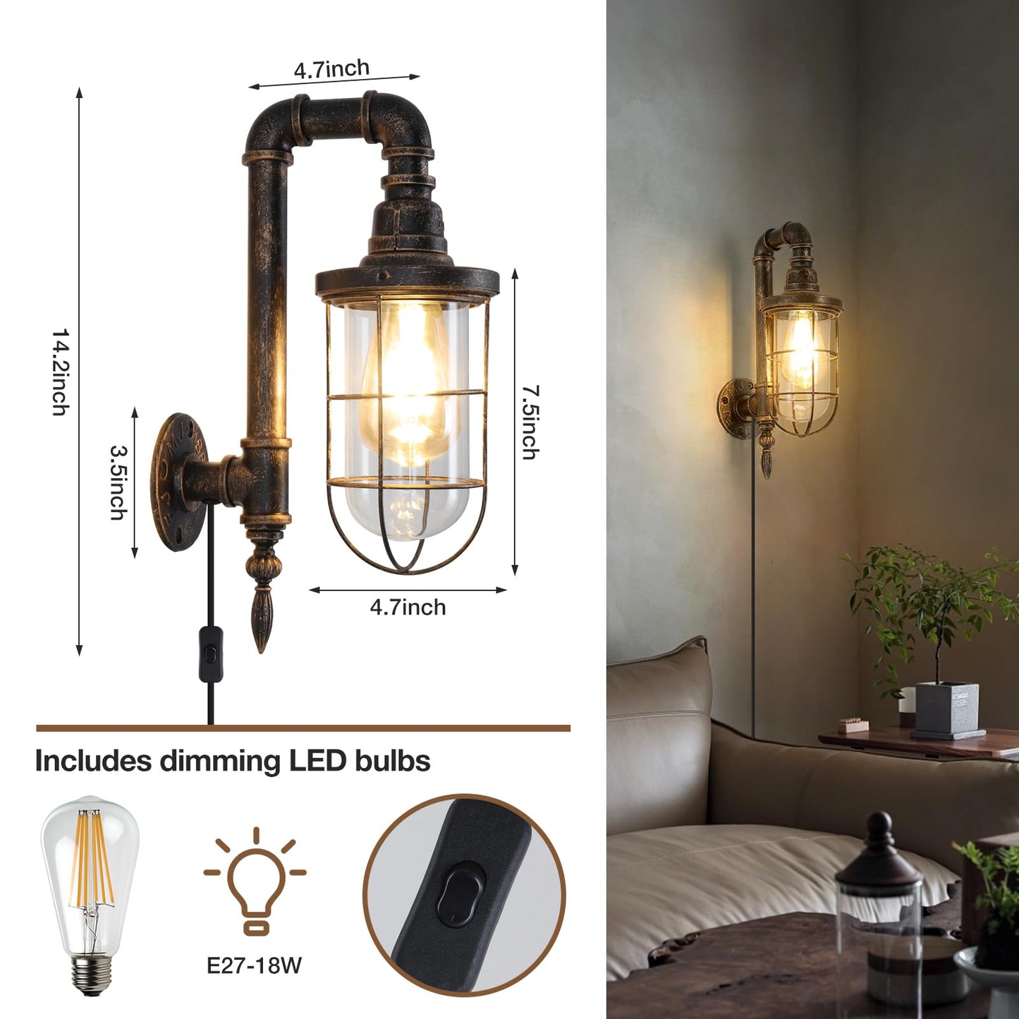 TIGKHAE Industrial Plug in Wall Sconce E26 Edison Antique Wall Lights with 5.9Ft Plug in Cord On Off Switch Rustic Wall Sconces Lighting Fixture for Headboard Bedroom Porch Hallway 2 Pack