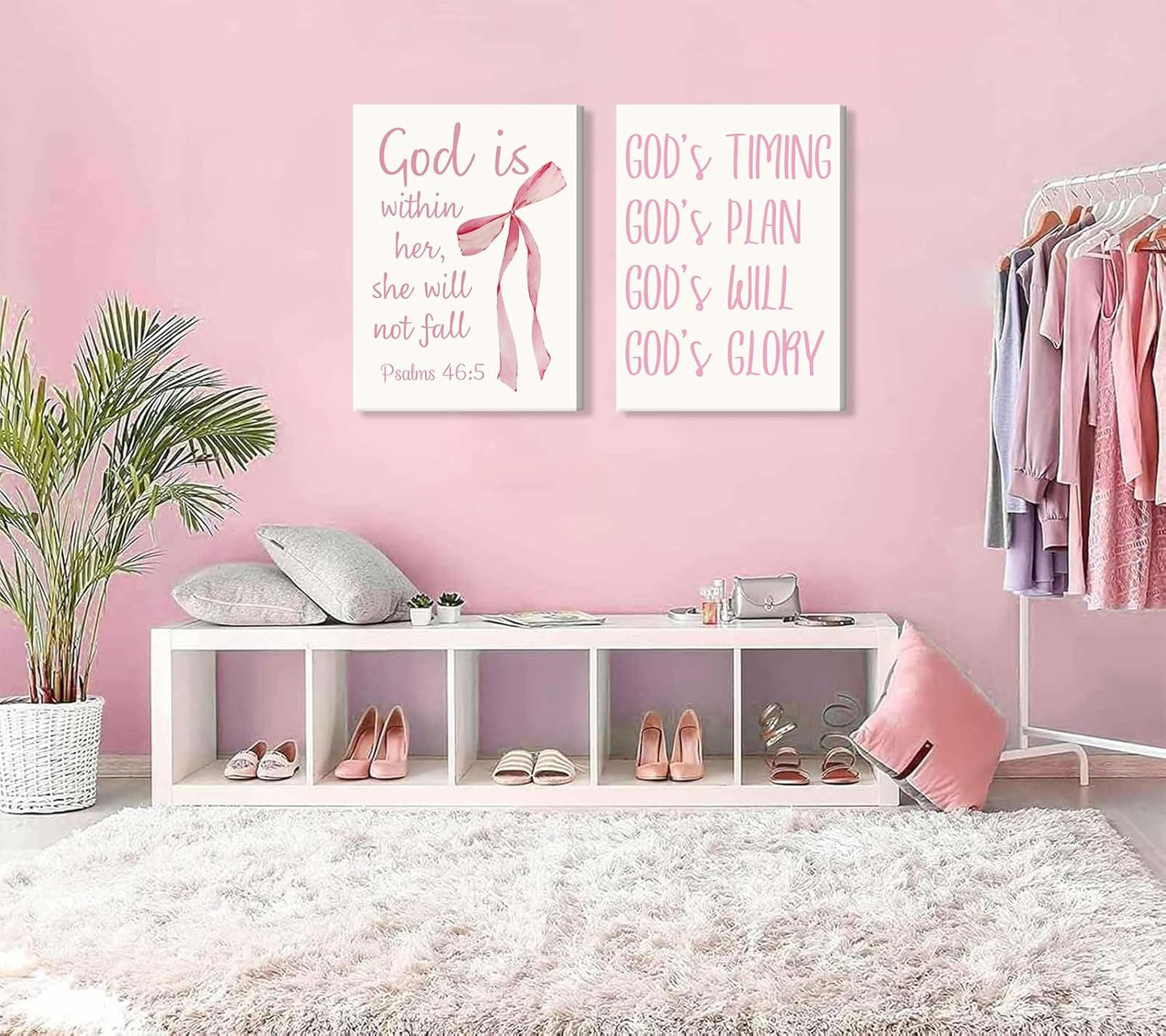Coquette Pink Bow Canvas Wall Art - Inspirational Bible Verses for Girls' Room Decor | 12"x16" Framed
