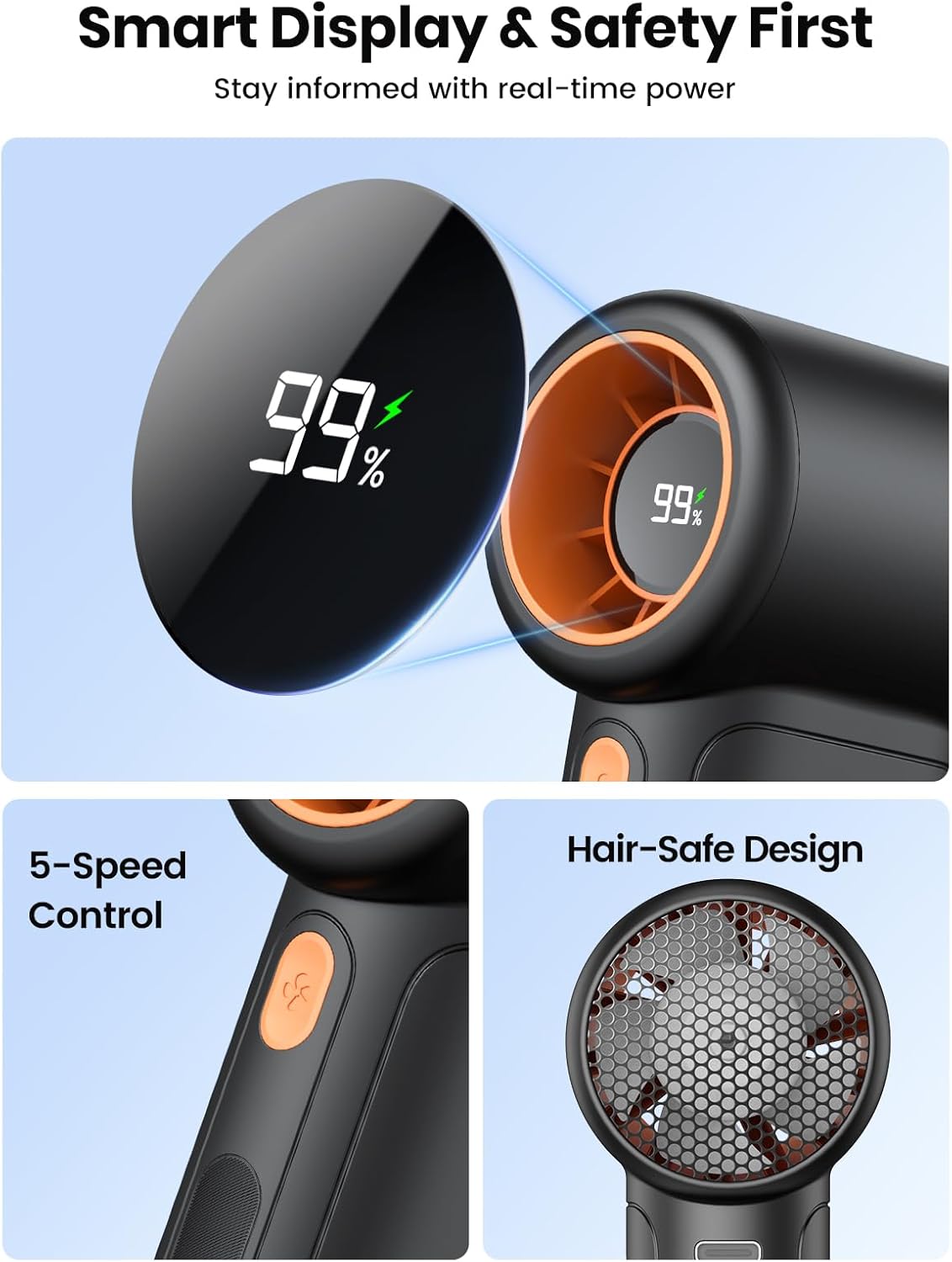 Warmco 10000mAh Turbo Portable Handheld Fan - 36H Runtime, USB Rechargeable Mini Fan with 5 Speeds & LED Display