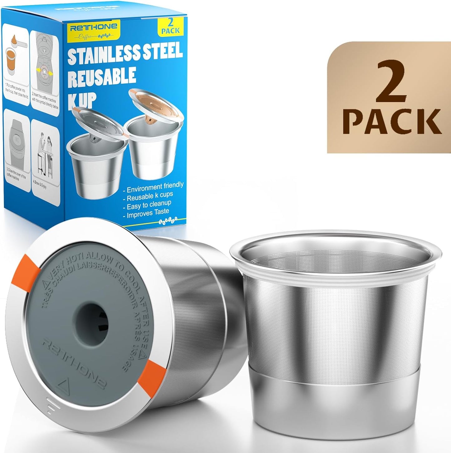 RETHONE Reusable K Cups - Stainless Steel Coffee Filters for Keurig 1.0 & 2.0 | BPA-Free, 2-Pack