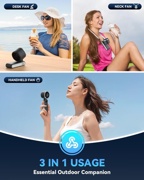 PlayHot Portable Handheld Turbo Fan, 5 Gear Wind, Battery Operated, Up to 12 Working Hours, 3 IN 1 Hand Fans with Air Turbo Tech Cooling Fan for Outdoor Activities, Travel, Beach (Black)