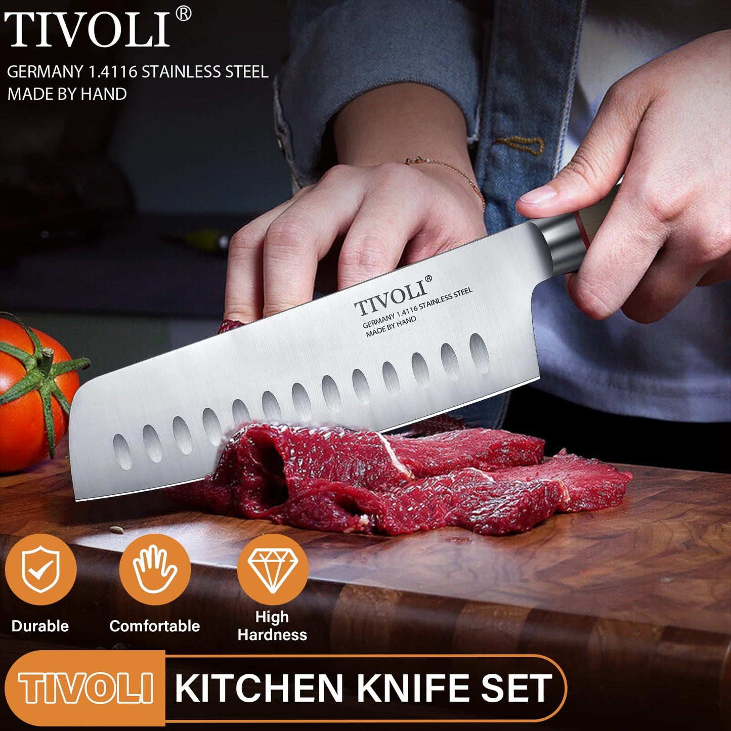 TIVOLI Kitchen Knife Set,3PC Professional Chef Knife Set Stainless Steel Japanese Knives Set for Kitchen Sharp Blade with Wooden Handle Cooking Knife, Nakiri Knife, Chef Knife, Paring Knife