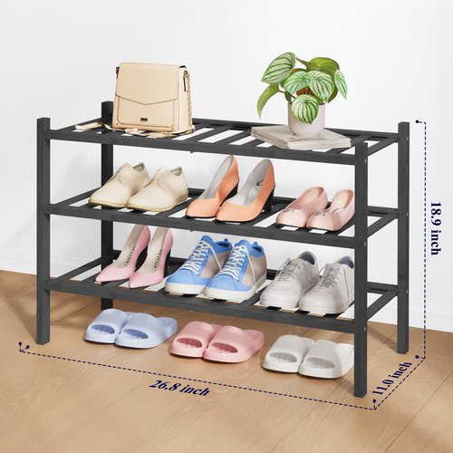 Kitsure Bamboo Wooden Shoe Rack for Closet - Stackable Shoe Organizer with Modular Structure, Space-Saving Shoe Shelf for Entryway, Living Room, Bedroom, 26.8" Wide - 3 Tiers, Black