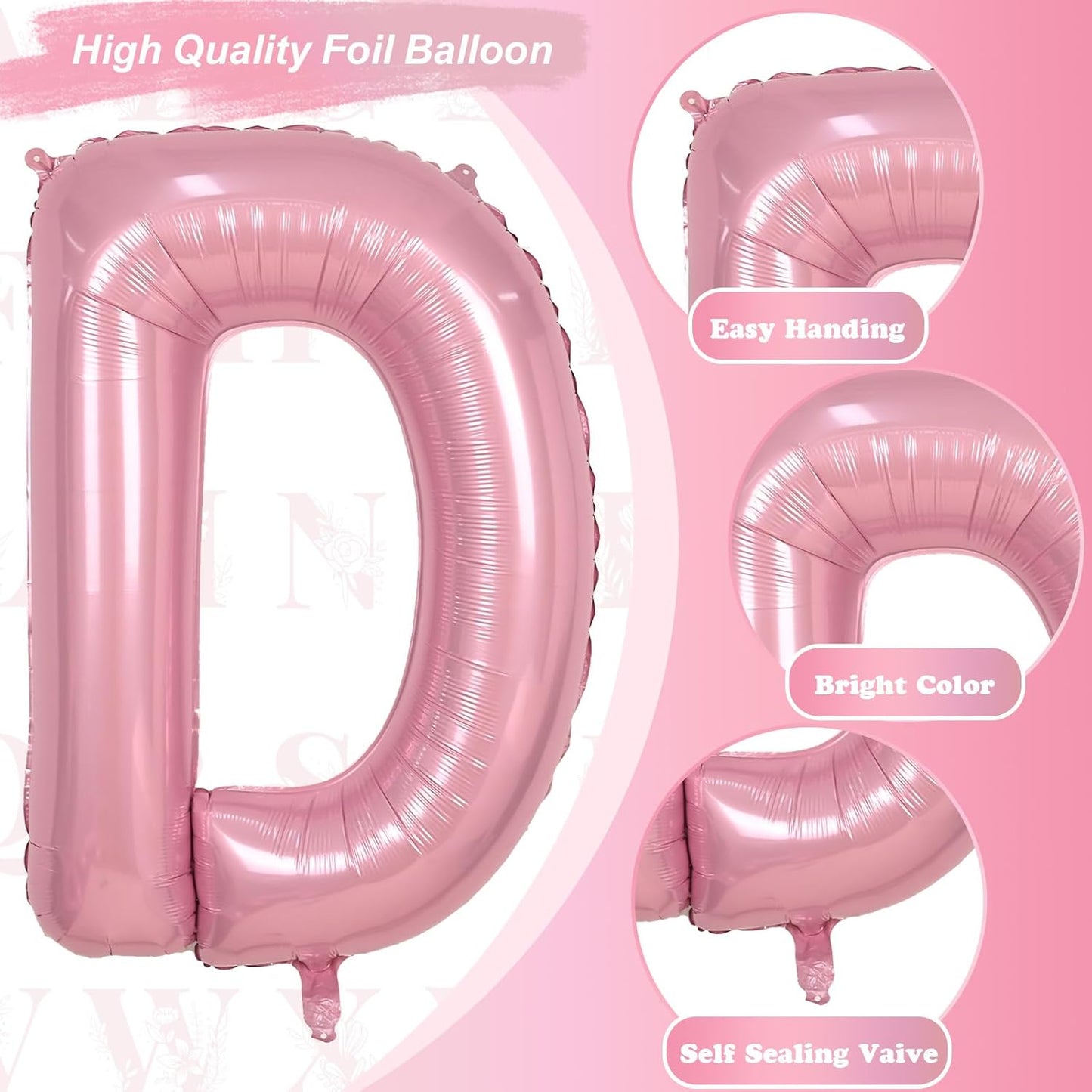 Pastel Pink D Balloon - 40 Inch Giant Mylar Foil Letter D for Girls' Birthday & Baby Shower Decorations