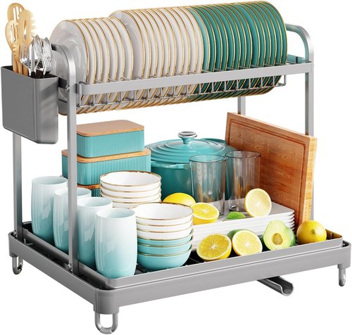 2-Tier Dish Drying Rack - Stainless Steel Kitchen Organizer with Cutlery Holders | 16.7" W x 12.7" L x 15.8" H, Gray