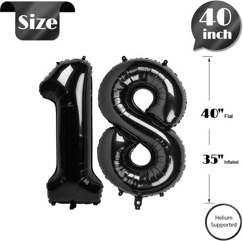 Black Number 18 Balloon | 40-Inch 18th Birthday Decoration for Boys and Girls Party Supplies