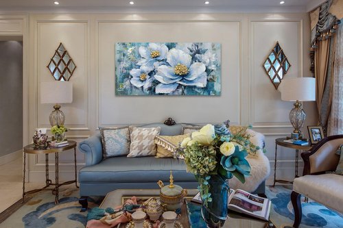 Acocifi Textured Wall Art Elegant Flower Painting Teal Blue and Gold Floral Landscape Picture 3D Canvas, Modern Abstract Large Artwork Framed for Living Room Bedroom Bathroom Office Home Decor 48"x24"