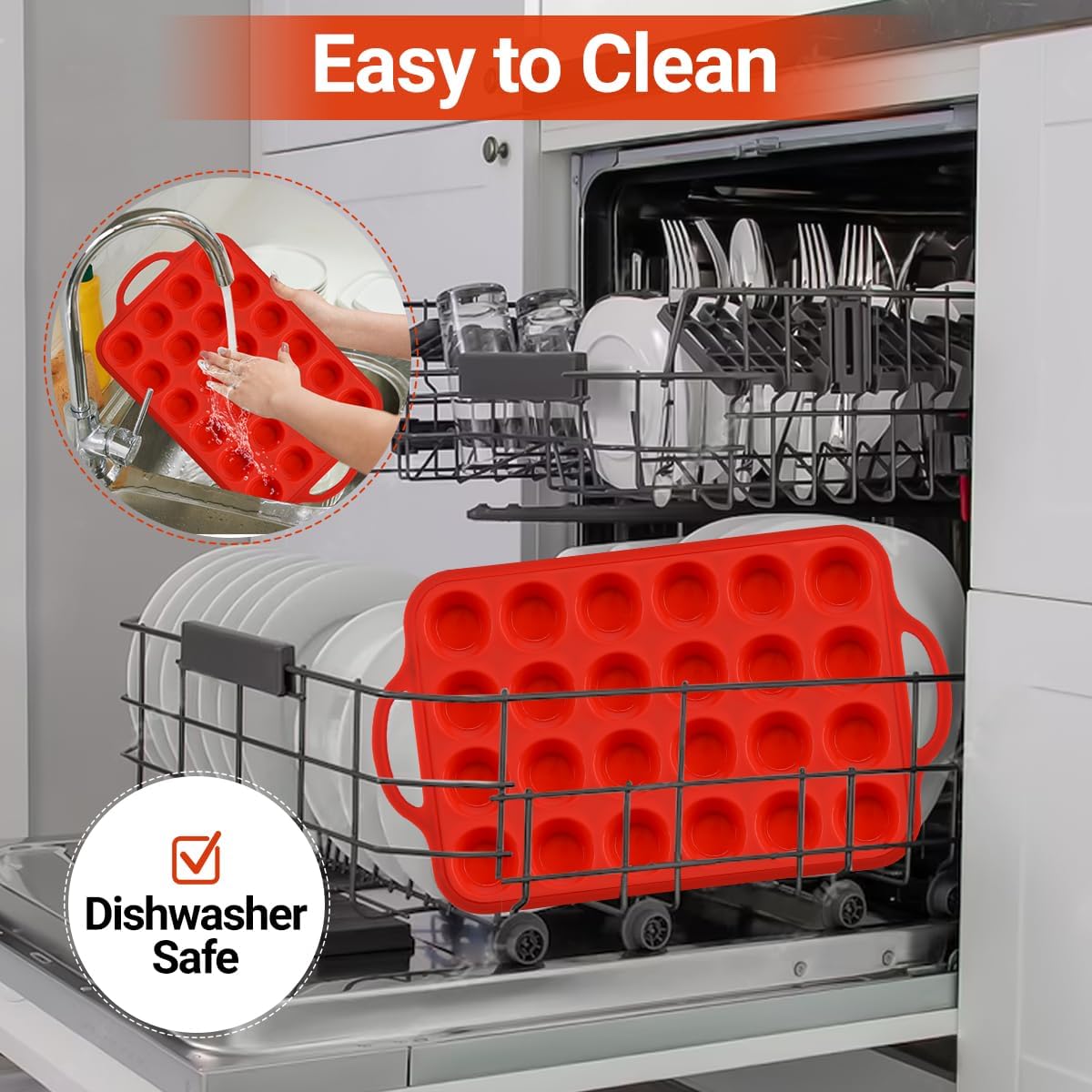 CAKETIME Silicone Mini Muffin Pan - 24-Cup BPA-Free Muffin Tin with Metal Reinforcement & Handles | Red, 2-Pack