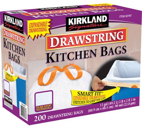 Kirkland Signature Heavy-Duty Drawstring Kitchen Trash Bags - 13 Gallon, 200 Count, 100% Recyclable, White