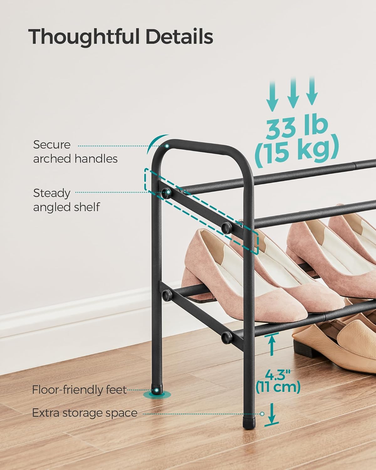 SONGMICS Expandable Shoe Rack - Adjustable 2-Tier Organizer for 15 Pairs - Metal Free Standing, Ink Black