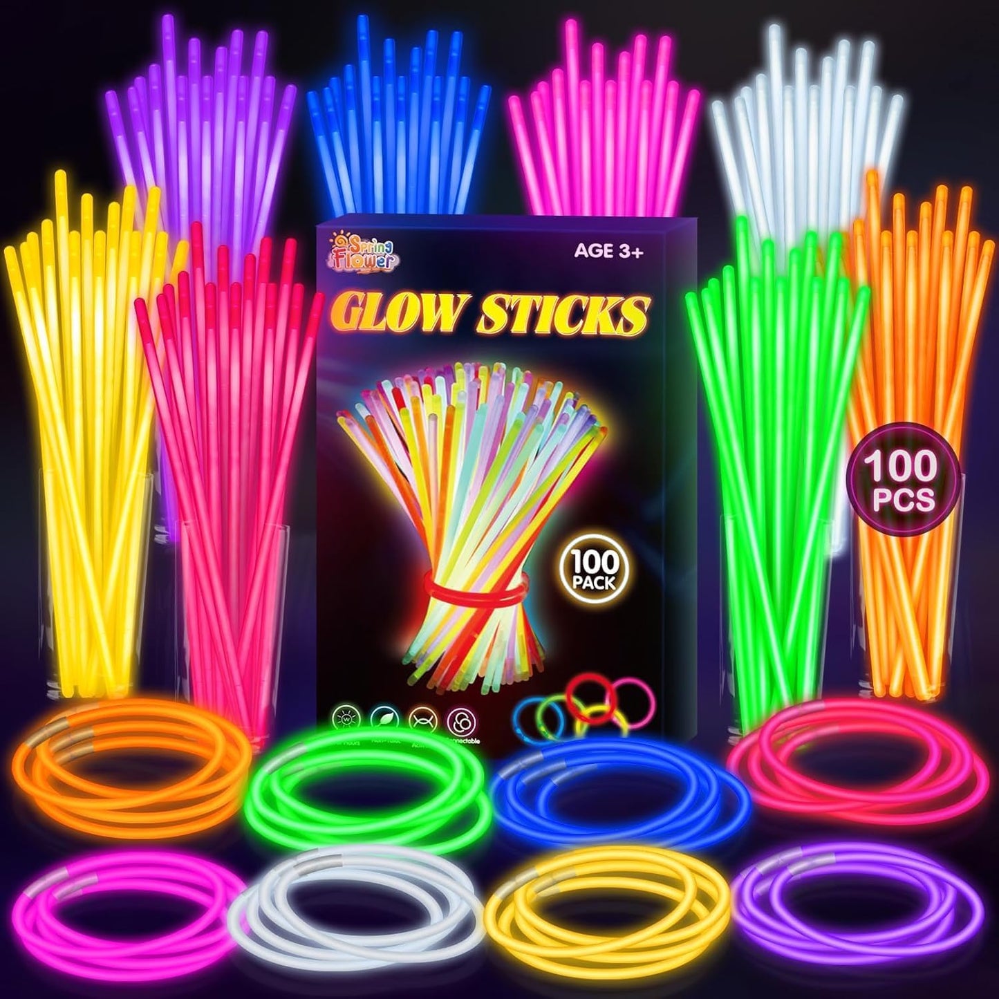 SpringFlower Glow Sticks - 100 PCS Bulk Glow in the Dark Party Supplies | Ideal for Kids & Adults