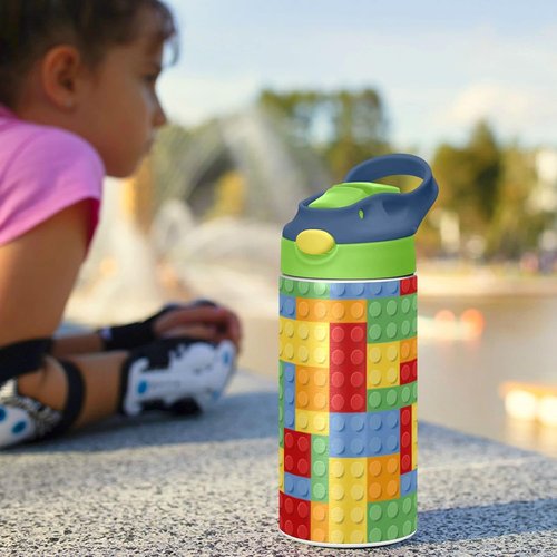 Kigai Insulated Water Bottle for Kids - 12oz Building Blocks Design with Straw Lid & Stainless Steel