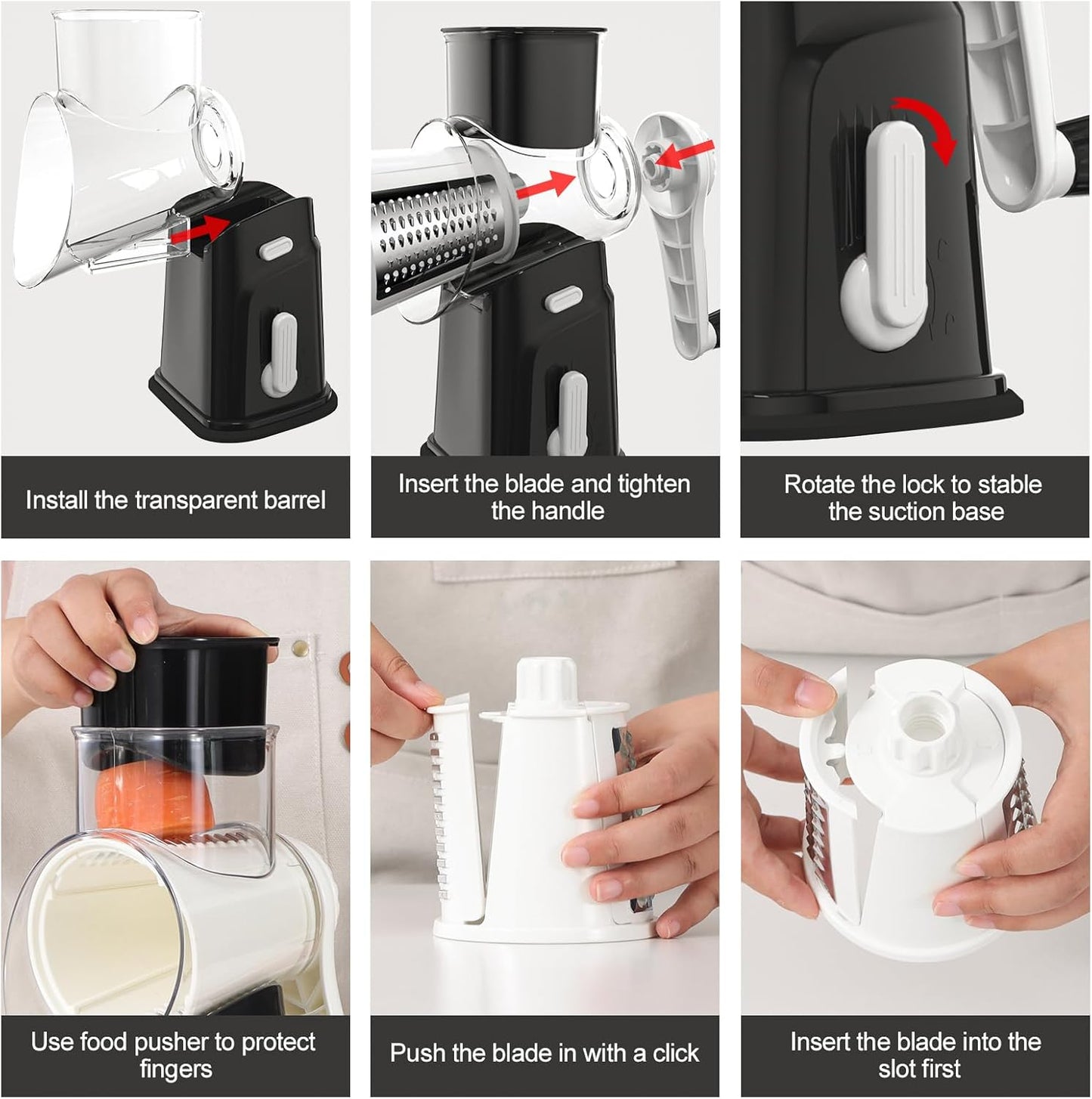 Ourokhome Cheese Grater - Crank Cheese Shredder & Mandoline Slicer with 5 Blades | Strong Suction Base, Black