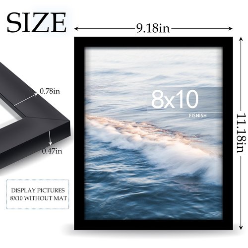 Fisnish 8x10 Picture Frame, for Tabletop Display, Horizontal or Vertical Wall Mounting, Black