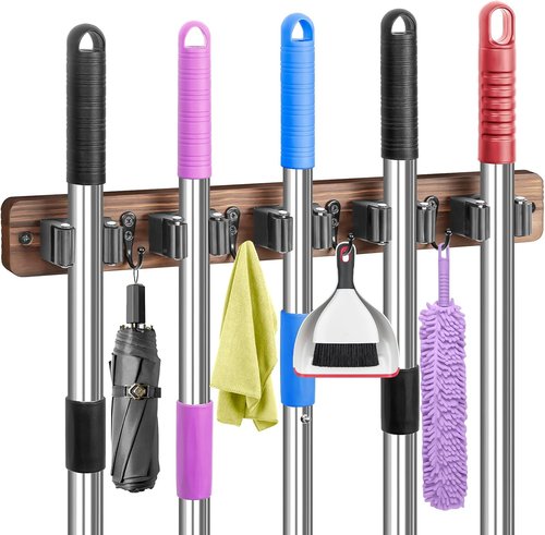 IMILLET Broom Holder Set - 2 Pack Plastic & 1 Pack Wood for Easy Storage | Durable & Space-Saving