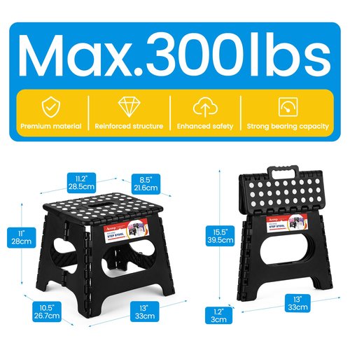 ACSTEP Folding Step Stool 11 Inch, Sturdy Plastic Foldable Step Stool for Kids & Adults, Non Slip Lightweight Collapsible Foot Stools Holds 300 lbs, Ideal for Kitchen, Bathroom, Bedroom, Outdoor