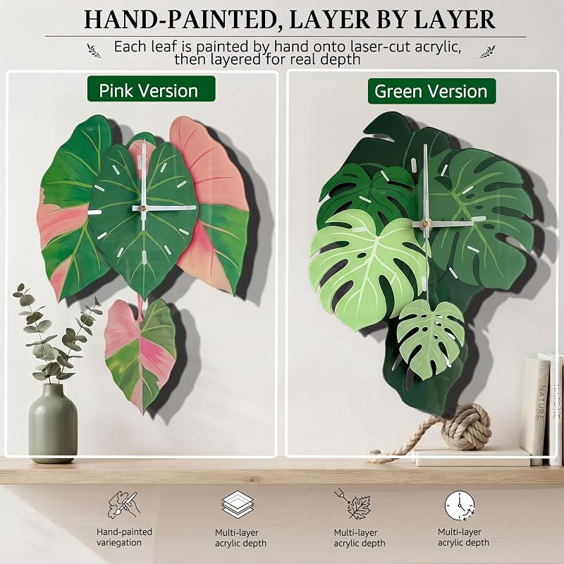 Leaf Wall Clock 15 Inch - Botanical Silent Pendulum, Non-Ticking, Green Variation