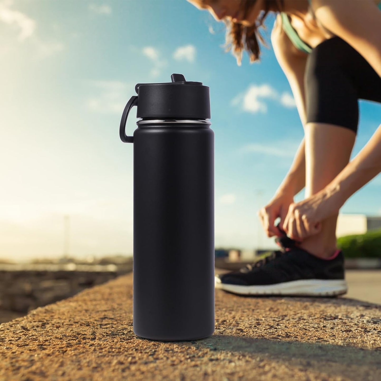 Volhoply 20oz Insulated Stainless Steel Water Bottle - Kids Wide Mouth with Straw Lid & Handle | Black