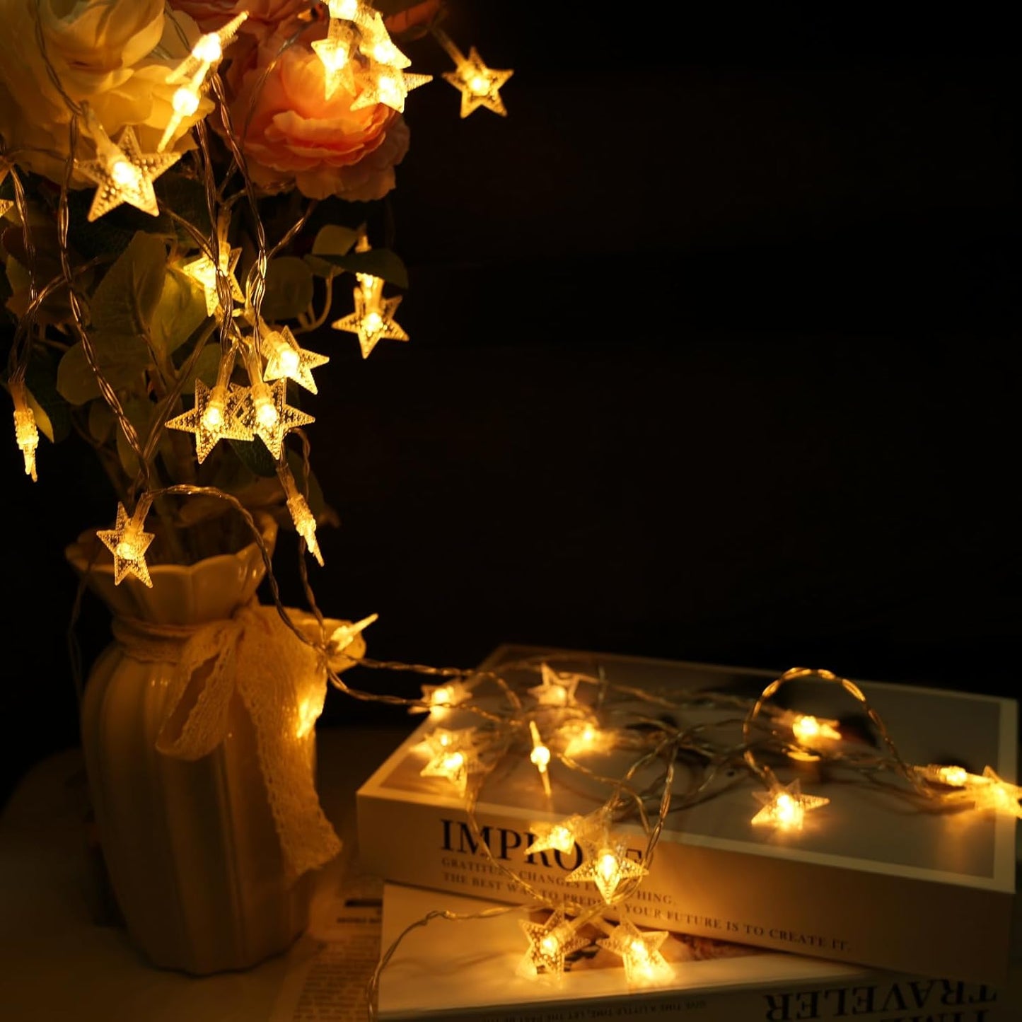 Star String Lights - 50 LED Twinkle Lights | 17 ft Battery Operated Fairy Lights for Kids' Bedroom & Wedding Decor, Warm White