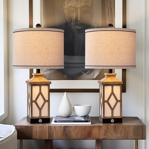 G-SAFAVA 23.5" Boho Table Lamps Set of 2 Modern Farmhouse Bedside Lamps with USB A+C Charging Ports 3-Way Dimmable Retro Lamps for Living Room Touch Lamps for Night Stands Bedroom Lamps