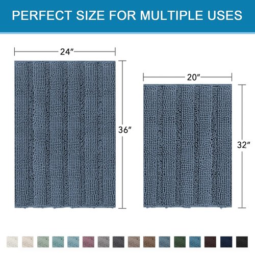 H.VERSAILTEX Bathroom Rug Sets 2 Piece Bath Mats Non Slip Thick Soft Chenille Striped Bath Rug achine Washable Shower Floor Rugs for Tub, Shower and Floor (Blue Indigo, 20" x 32"/24" x 36")
